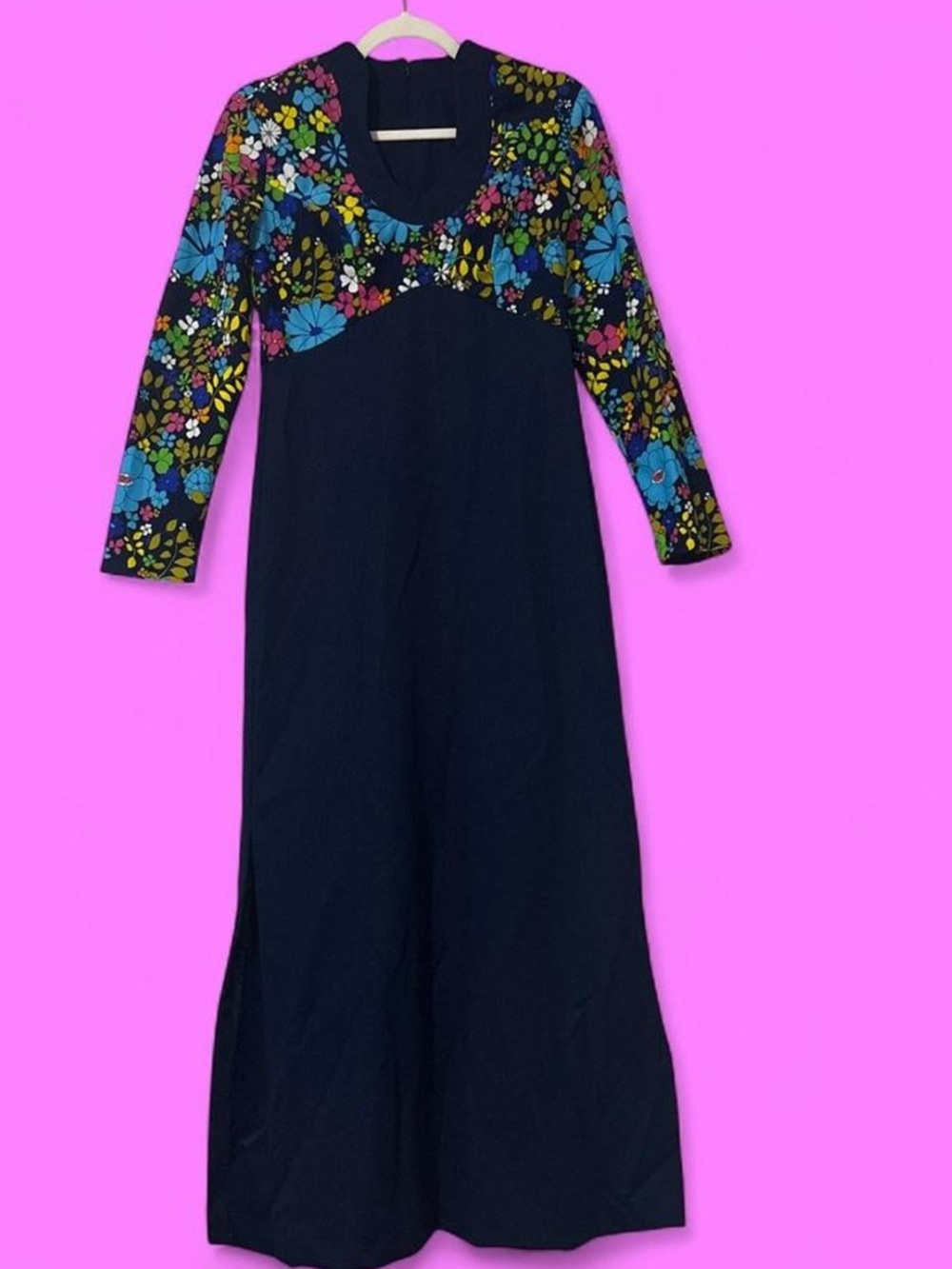 60s navy blue long sleeve maxi dress with colorful floral print bodice